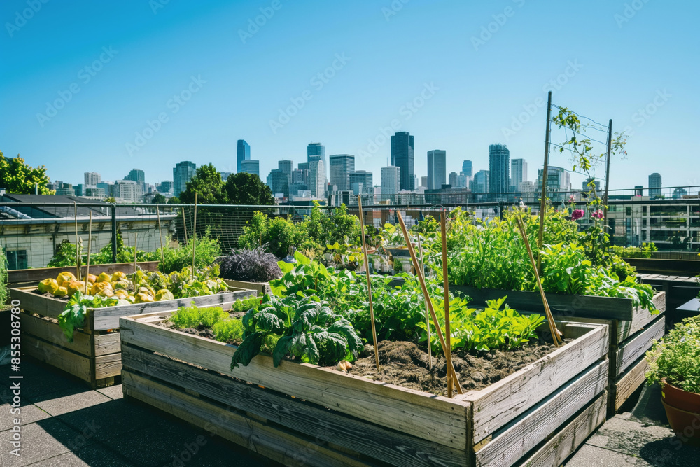 Elevated garden beds on a rooftop with a vibrant city skyline in the background under a clear blue sky. Elevated garden beds on a rooftop with a vibrant city skyline in the background under a clear blue sky.