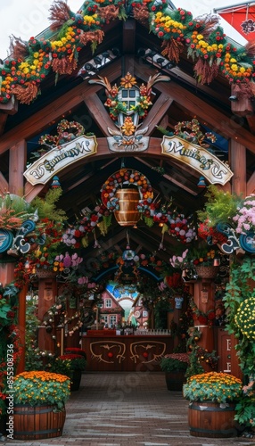 Beautifully Decorated Entrance to a Bavarian Beer Tent at Oktoberfest with Floral Arrangements and Wooden Structure