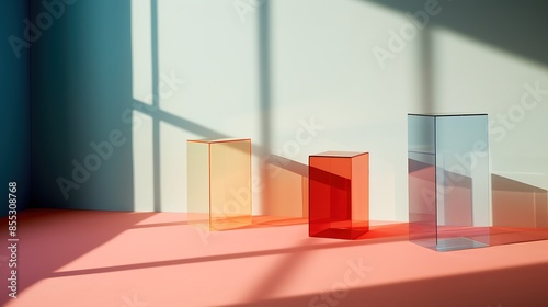 3D rendering of a room with three glass podiums on the floor. The podiums are lit by a spotlight from the left.
