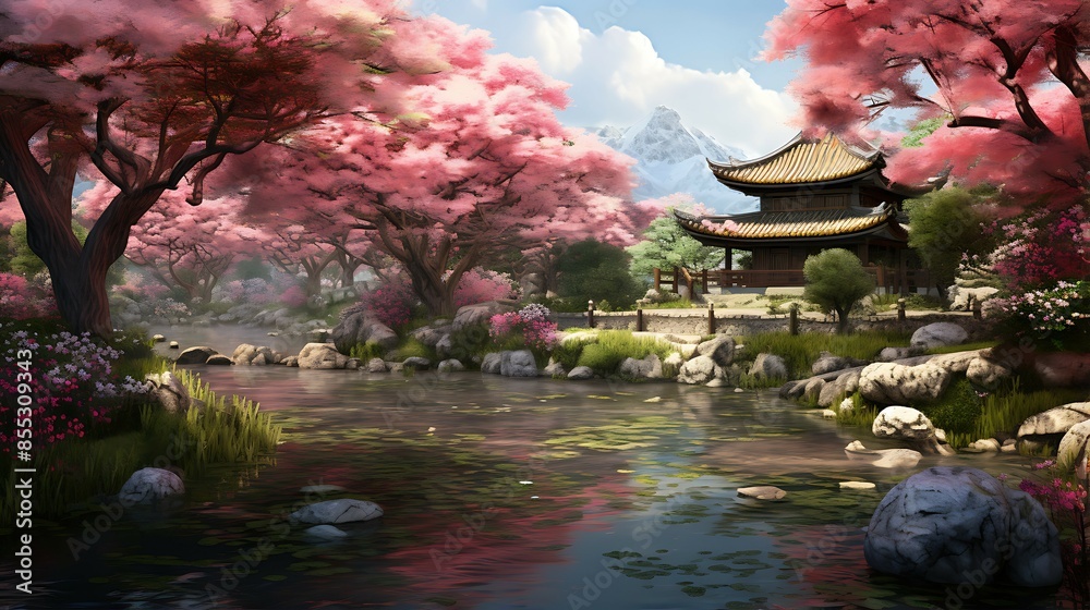 A beautiful landscape of a traditional Chinese garden with a lake, a ...