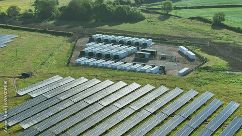 Battery Storage Packs and Solar Array for Green Power Aerial View