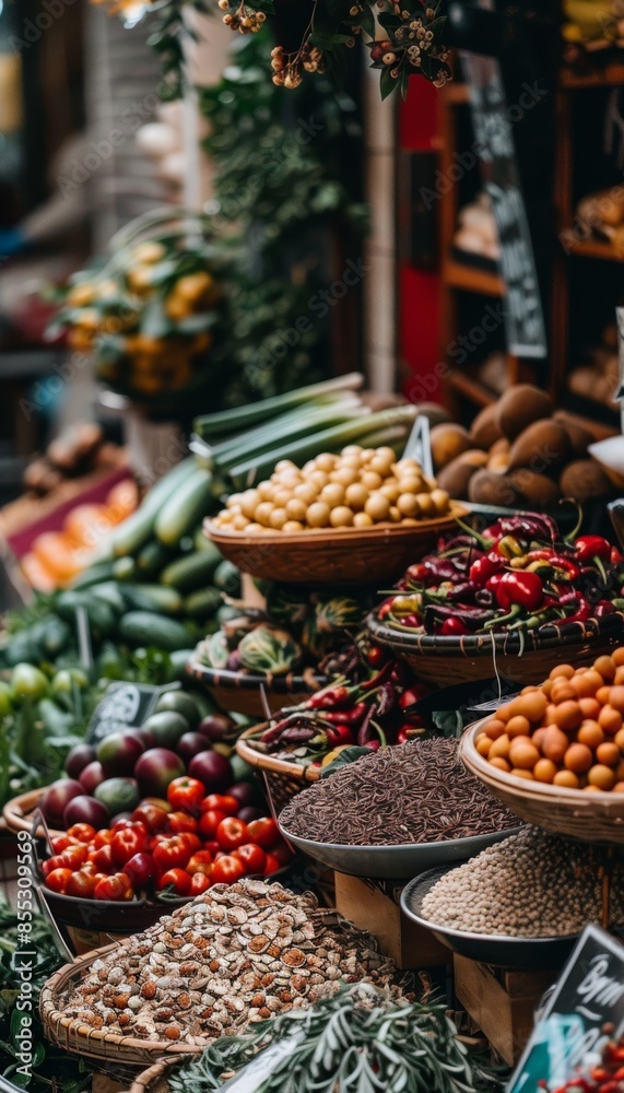 Vibrant Market Stall with Fresh Fruits, Vegetables, Nuts, and Seeds - Abundant Raw Ingredients Display Vibrant Market Stall with Fresh Fruits, Vegetables, Nuts, and Seeds - Abundant Raw Ingredients Display