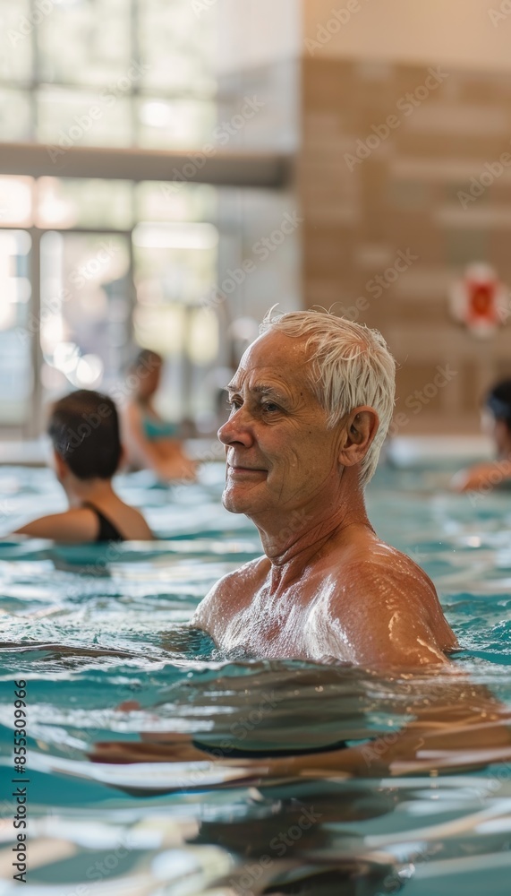 Obraz premium Senior Man Engaging in Aquatic Exercise for Joint Pain Relief at Indoor Pool Facility