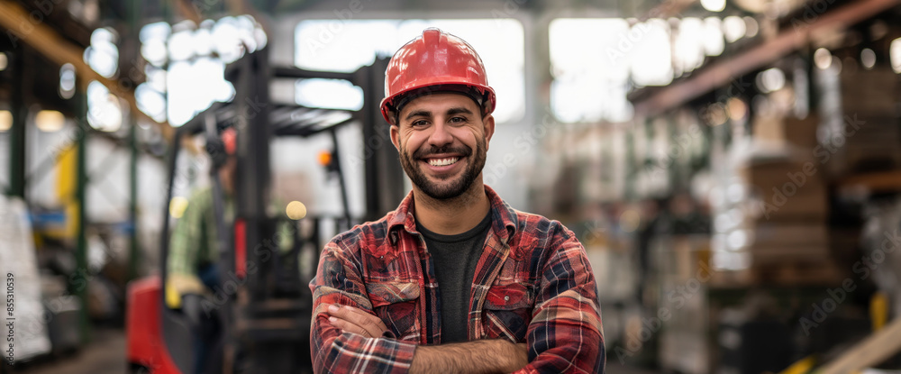 A cheerful male worker wearing a red safety helmet and plaid shirt stands with arms crossed in an industrial warehouse setting A cheerful male worker wearing a red safety helmet and plaid shirt stands with arms crossed in an industrial warehouse setting