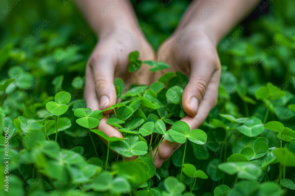 Hands holding fresh green clover leaves in a lush garden, surrounded by vibrant nature and a serene environment. Ideal for promoting environmental conservation, sustainable gardening Hands holding fresh green clover leaves in a lush garden, surrounded by vibrant nature and a serene environment. Ideal for promoting environmental conservation, sustainable gardening