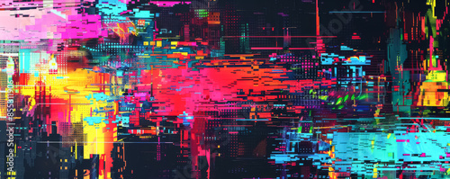 Vibrant Digital Glitch Art with Neon Colors and Abstract Patterns, Dynamic Motion