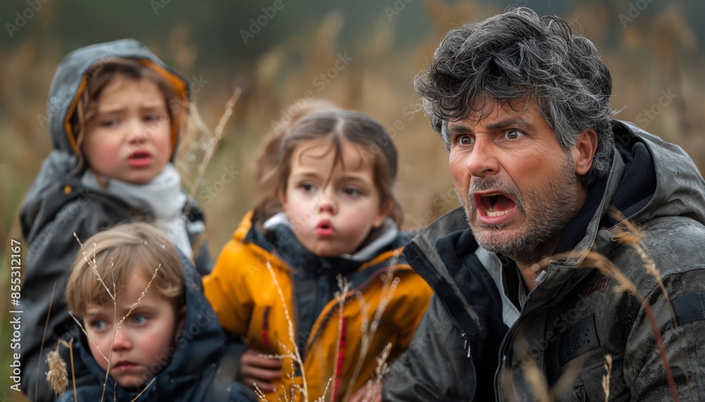 A concerned looking father is protecting his children while they are outdoors in what appears to be a wild, natural setting A concerned looking father is protecting his children while they are outdoors in what appears to be a wild, natural setting