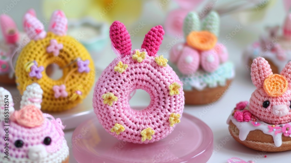 Easter Craft Crocheted Bunny Donuts with Traditional Decorations Easter Craft Crocheted Bunny Donuts with Traditional Decorations