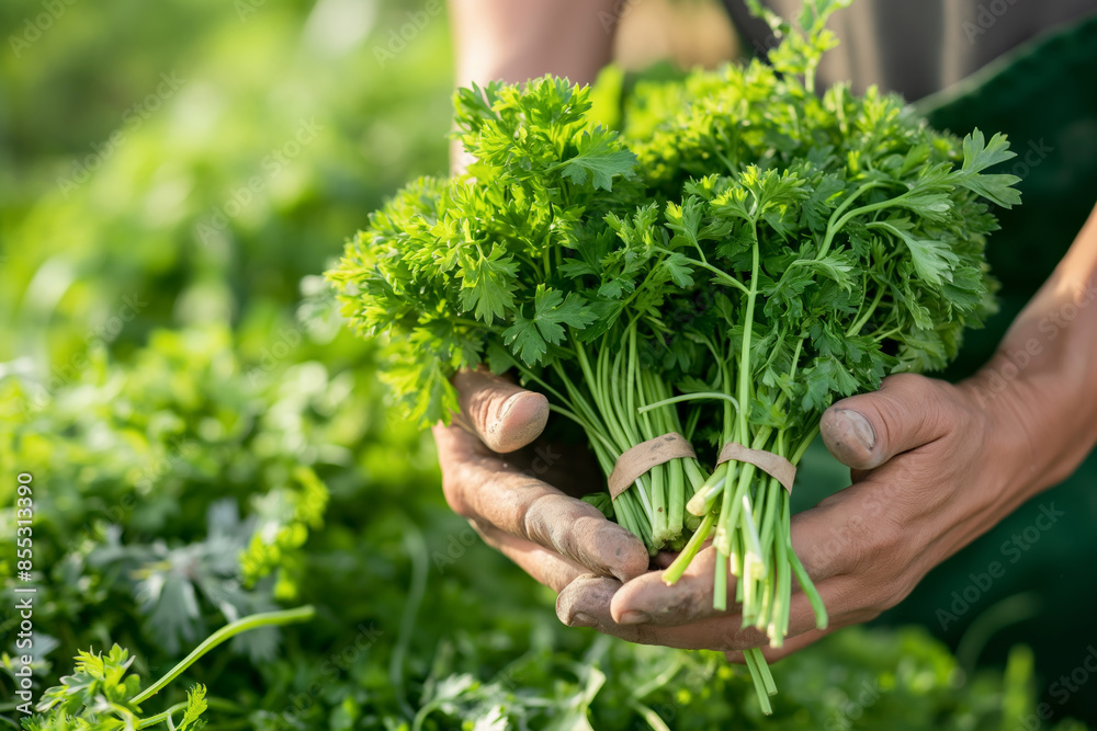 A farmer is proudly displaying freshly harvested organic parsley bunches from the garden A farmer is proudly displaying freshly harvested organic parsley bunches from the garden