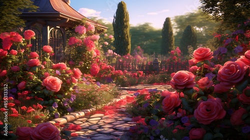 A beautiful garden with a stone path leading through it. The path is lined with red roses and there are rose bushes on either side.