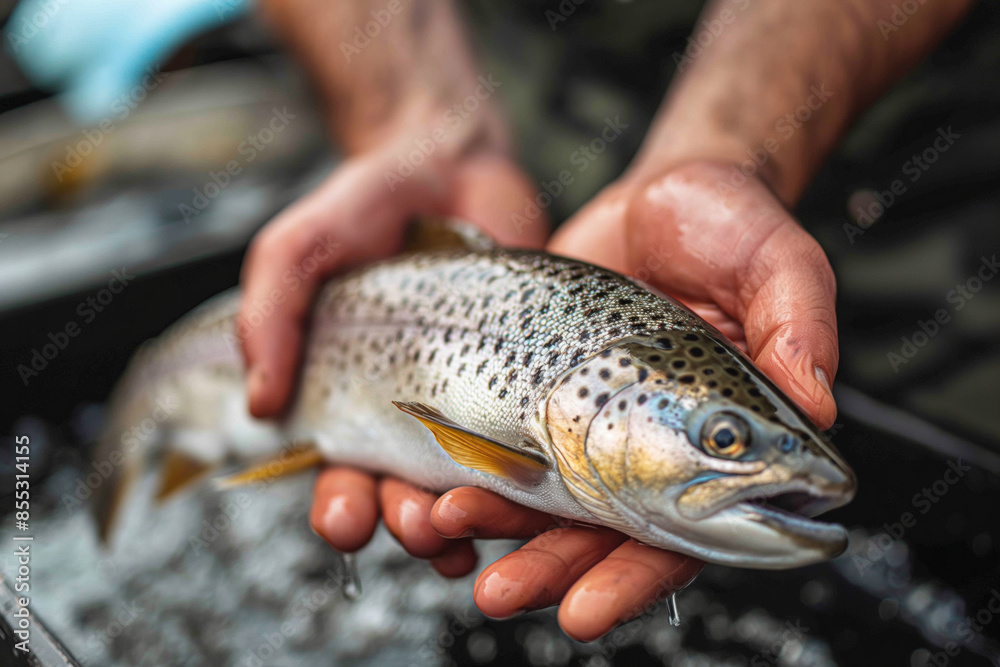 Hands holding a freshly caught brown trout by the river, showing a serene fishing adventure Hands holding a freshly caught brown trout by the river, showing a serene fishing adventure