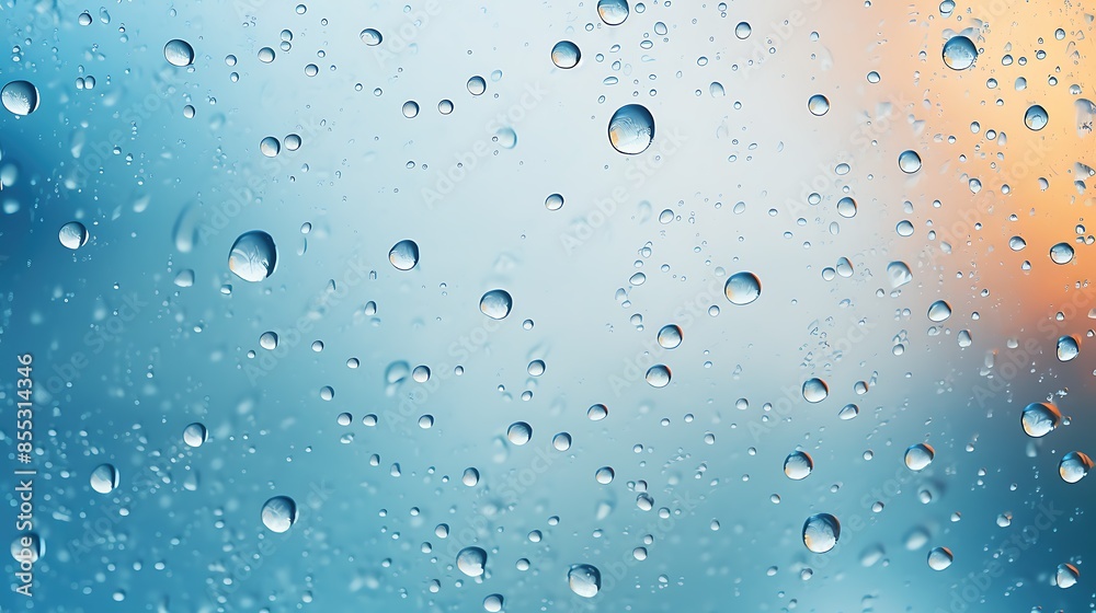 Raindrops on a window with a blurred background of blue and orange. The raindrops are various sizes and are scattered across the image.
