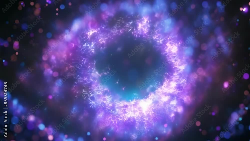 An abstract digital art piece depicts a vibrant, cosmic vortex surrounded by swirling, glittering particles. The rich colors range from purple to blue and pink, creating a mystical nighttime An abstract digital art piece depicts a vibrant, cosmic vortex surrounded by swirling, glittering particles. The rich colors range from purple to blue and pink, creating a mystical nighttime