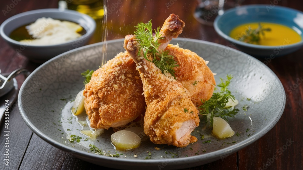 An appetizing dish of crispy chicken with parmesan and garlic. The dish is exquisitely decorated with fresh herbs and lightly sprinkled with olive oil. An appetizing dish of crispy chicken with parmesan and garlic. The dish is exquisitely decorated with fresh herbs and lightly sprinkled with olive oil.