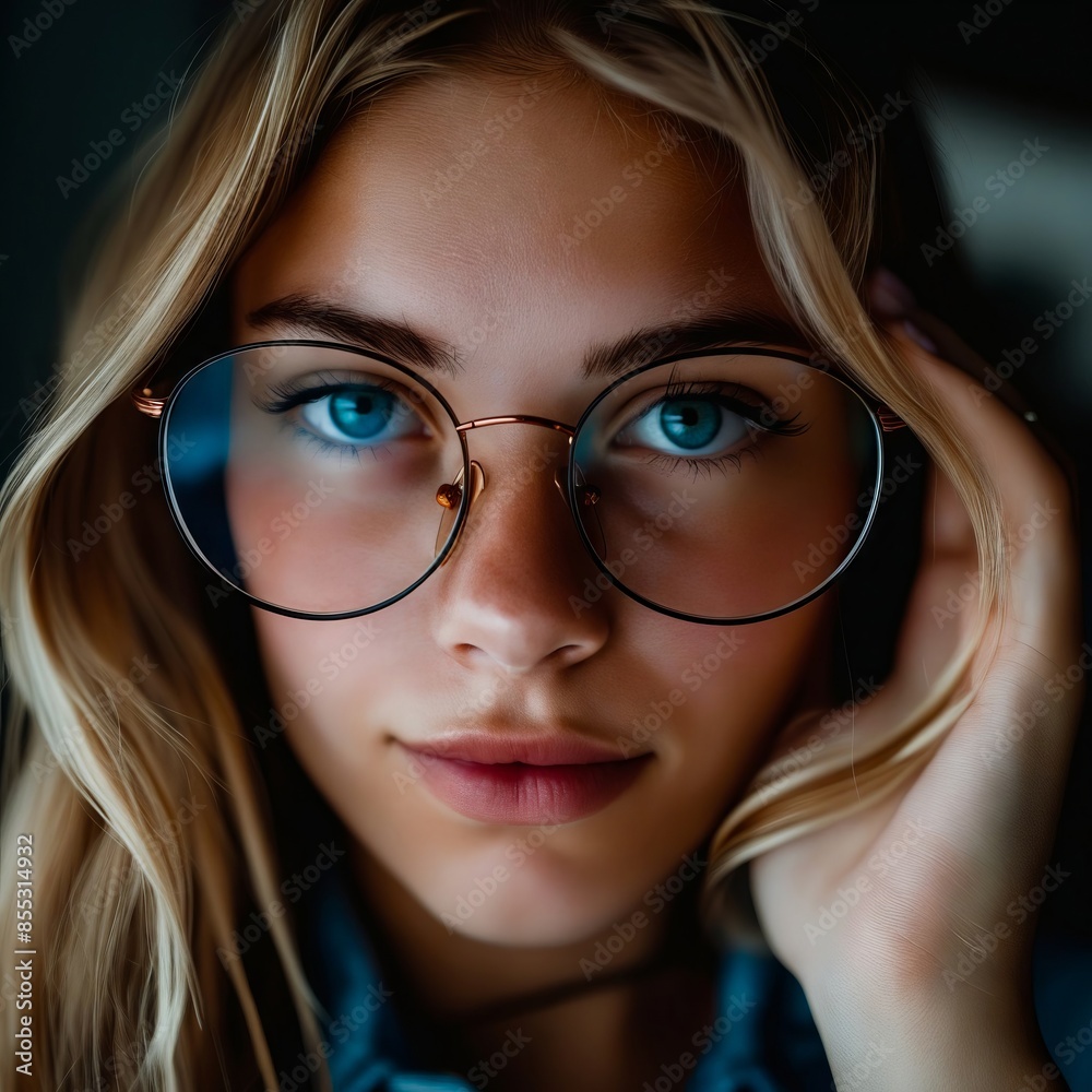 A beautiful woman with blue eyes wearing glasses. A beautiful woman with blue eyes wearing glasses.