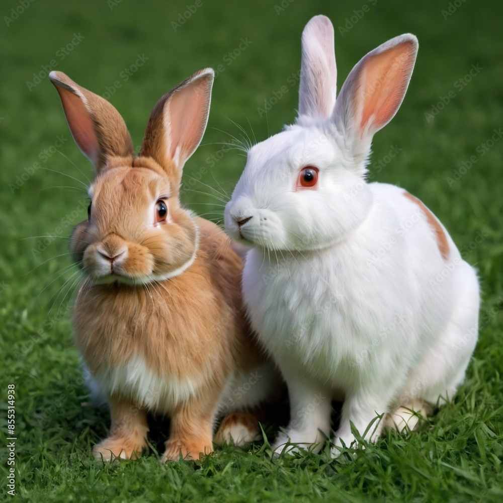 two adorable rabbits sitting side-by-side in a grassy field. two adorable rabbits sitting side-by-side in a grassy field.