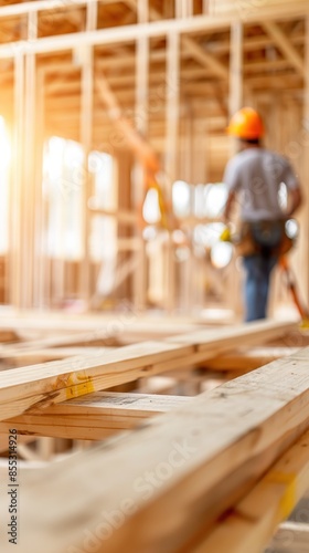 Framer assembling walls selective focus, focus on house framing residential construction photo