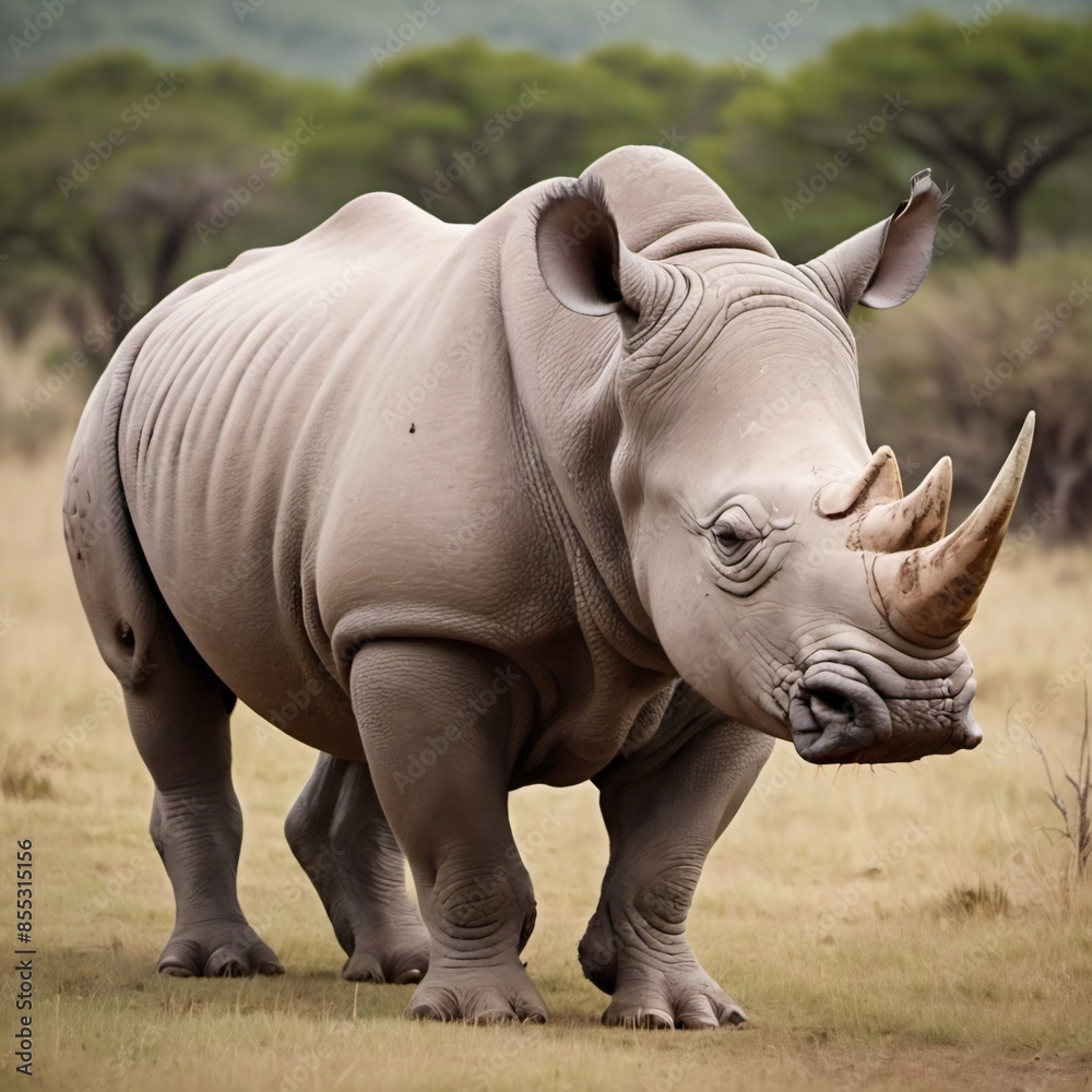 Naklejka premium A large, gray rhinoceros standing on a grassy plain.