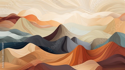 An abstract landscape painting in muted earth tones. The painting features rolling hills and mountains in shades of brown, orange, and blue.