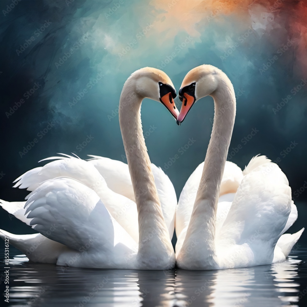 Obraz premium a pair of elegant swans gracefully swimming on a calm body of water. Their long, graceful necks are curved into a heart shape, creating a romantic and harmonious pose. 
