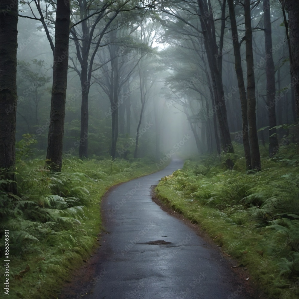 a mysterious, fog-shrouded forest path. Tall, ancient trees line the road, their branches forming a verdant canopy overhead. a mysterious, fog-shrouded forest path. Tall, ancient trees line the road, their branches forming a verdant canopy overhead.