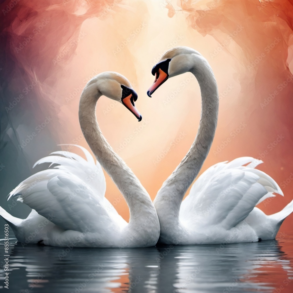 Fototapeta premium a pair of elegant swans gracefully swimming on a calm body of water. Their long, graceful necks are curved into a heart shape, creating a romantic and harmonious pose.