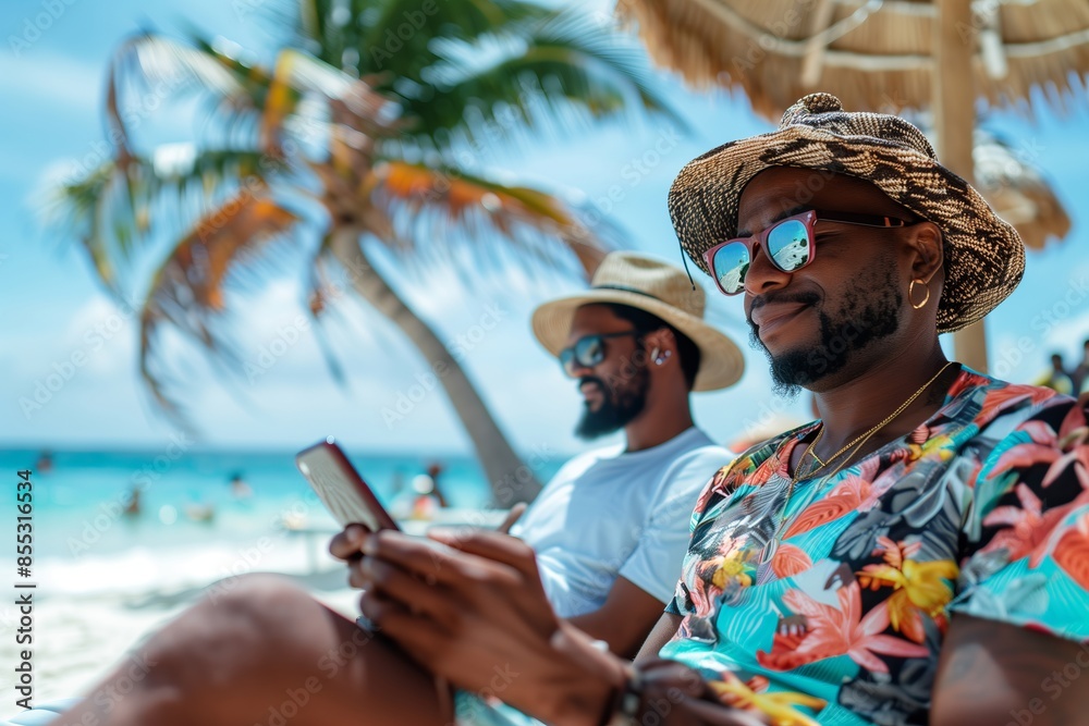 Fototapeta premium Two men are sitting on the beach, one of them is looking at his phone. The other man is wearing a hat and sunglasses. Scene is relaxed and leisurely