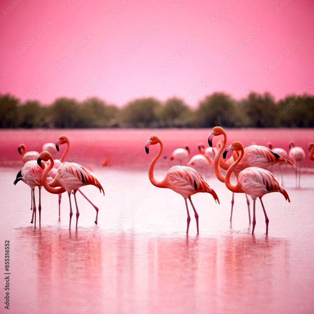 Fototapeta premium A large flock of flamingos standing in a shallow body of water. The striking pink plumage of the flamingos contrasts beautifully against the similarly vibrant pink hue of the water 