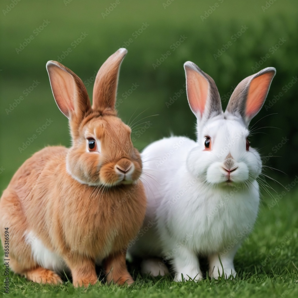 two adorable rabbits sitting side-by-side in a grassy field.