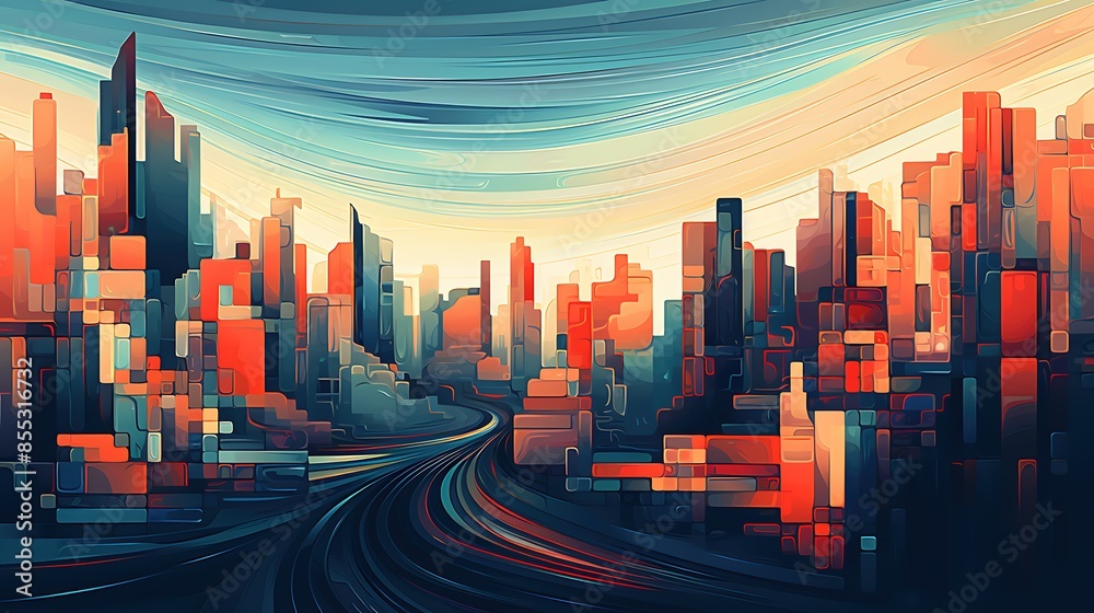 Obraz premium A beautiful cityscape painting in a vibrant color palette. The painting has a futuristic feel to it, with tall buildings and a busy highway.