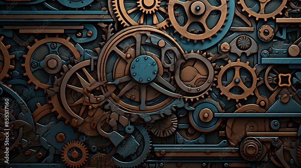 An illustration of a steampunk background with a variety of gears and cogs. The gears are made of metal and have a bronze color. An illustration of a steampunk background with a variety of gears and cogs. The gears are made of metal and have a bronze color.