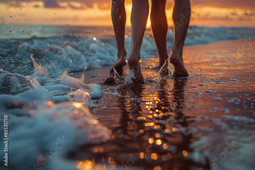 A bride and groom walking barefoot on the beach. Concept of relaxation and intimacy. Generative Ai.