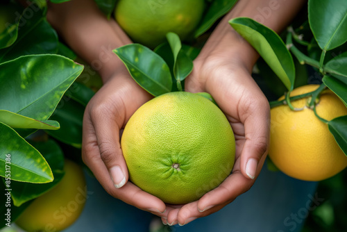 Gardeners hands picking pomelo among green foliage and yellow fruits in a sunny garden