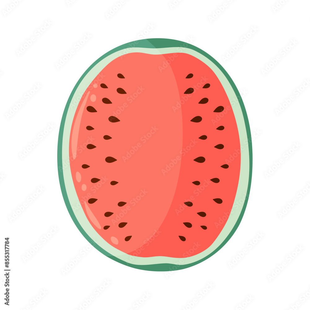 Watermelon half slice with vibrant green rind and red flesh with black seeds. Flat vector illustration. Summer fruit drawing for food graphics, menu, icon, logo, postcard, invitation. Watermelon half slice with vibrant green rind and red flesh with black seeds. Flat vector illustration. Summer fruit drawing for food graphics, menu, icon, logo, postcard, invitation.