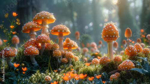 A cluster of orange and white mushrooms stand in the soft morning light on a forest floor, surrounded by green foliage and small orange flowers. © Emiliia