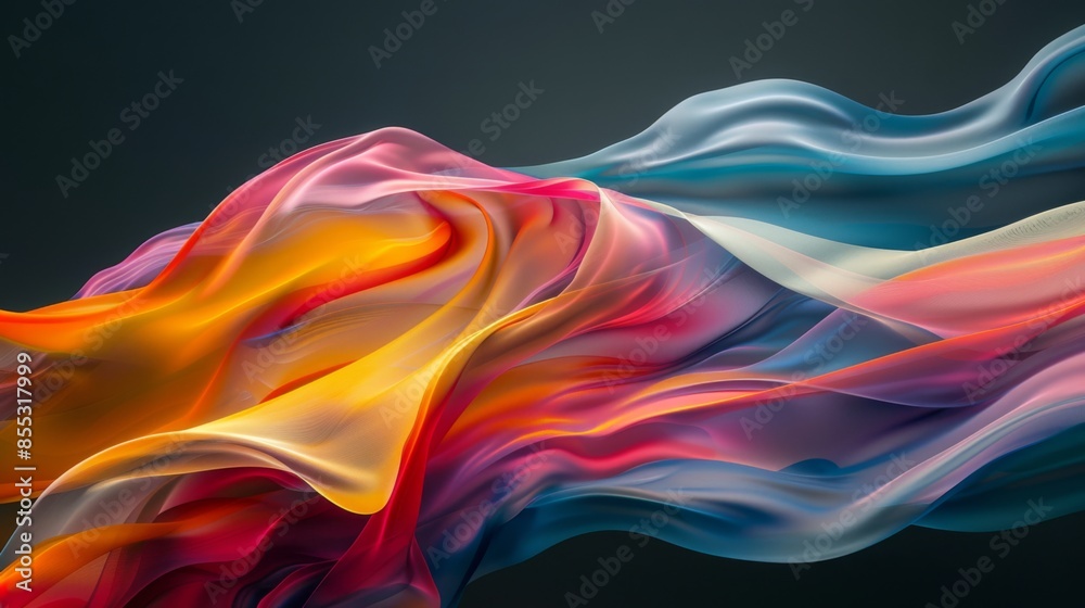 A colorful fabric swirls and flows in the air, creating a dynamic and abstract composition A colorful fabric swirls and flows in the air, creating a dynamic and abstract composition