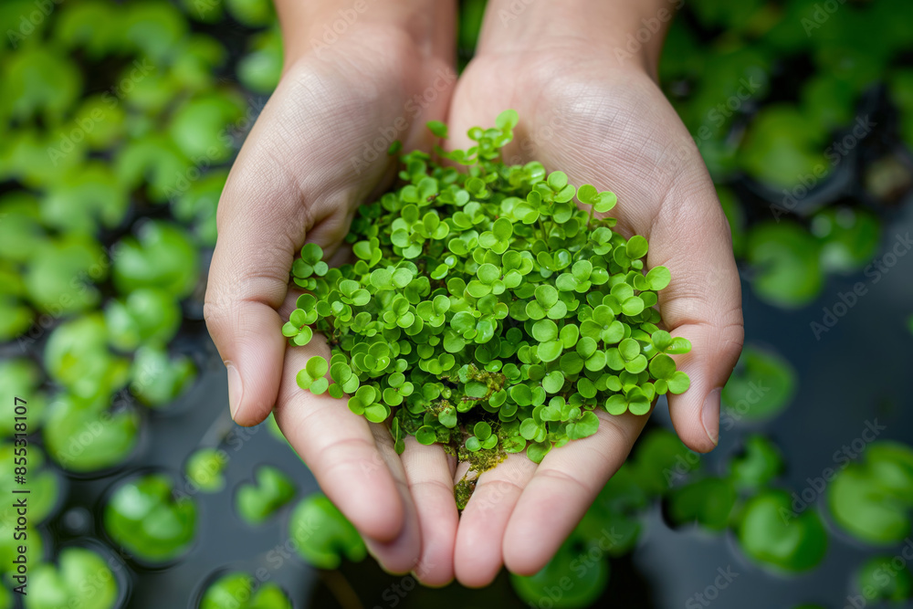Hands cupping green duckweed in water symbolize harmony with nature and rejuvenation. Ideal for promoting environmental conservation, sustainable practices, and the beauty of natural ecosystems Hands cupping green duckweed in water symbolize harmony with nature and rejuvenation. Ideal for promoting environmental conservation, sustainable practices, and the beauty of natural ecosystems
