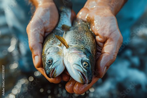 The image shows a fisherman holding a freshly caught trout by a river, focusing on the fishing catch photo