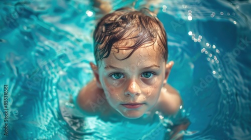 Little boy swims in clear water in the pool on vacation