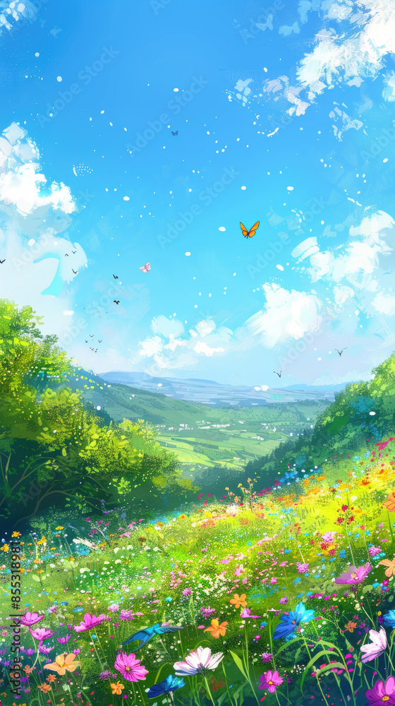 Obraz premium A digital painting of a lush, green meadow filled with colorful wildflowers, butterflies, and a bright blue sky