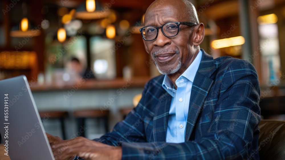 A senior man with glasses sits in a cafe, working on his laptop. He is wearing a blue plaid blazer over a light blue shirt A senior man with glasses sits in a cafe, working on his laptop. He is wearing a blue plaid blazer over a light blue shirt