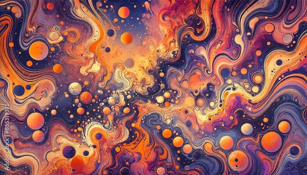 Abstract fluid art background featuring a vibrant mix of orange, purple, and blue colors, with dynamic splashes of paint forming an intricate and captivating pattern Abstract fluid art background featuring a vibrant mix of orange, purple, and blue colors, with dynamic splashes of paint forming an intricate and captivating pattern