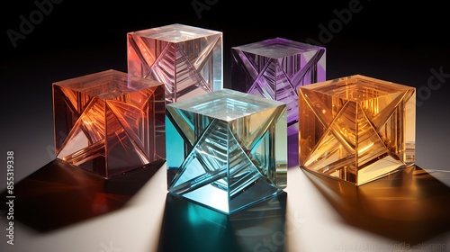 Five brightly colored glass cubes sit on a reflective surface. The cubes are lit from above, casting shadows on the surface below.