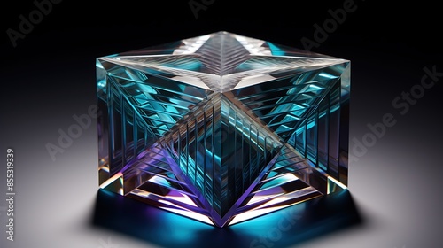 3D illustration of a blue crystal cube with beveled edges and a glowing blue light on the bottom. The cube is sitting on a reflective surface.