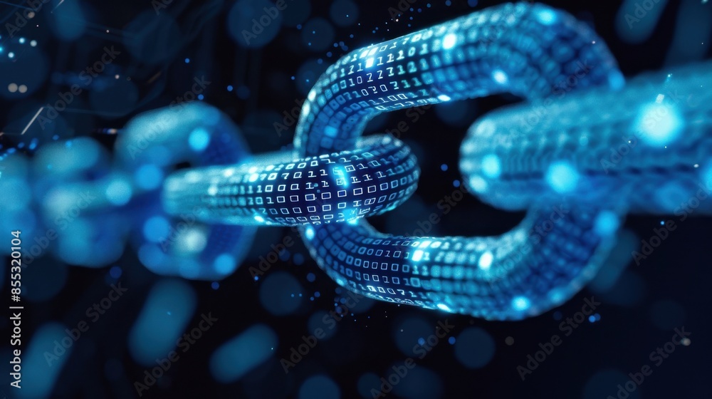 A 3D rendering of a chain made of blue digital code, representing cybersecurity and data connection. A 3D rendering of a chain made of blue digital code, representing cybersecurity and data connection.