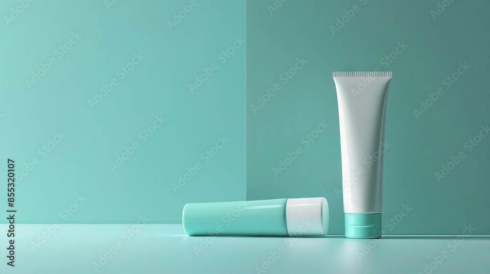 A pair of identical tubes of toothpaste on a blue and green backdrop A pair of identical tubes of toothpaste on a blue and green backdrop