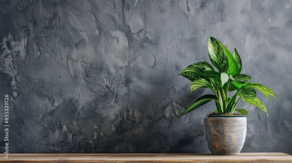 Indoor plant on wooden table with Grey wall Photo Indoor plant on wooden table with Grey wall Photo