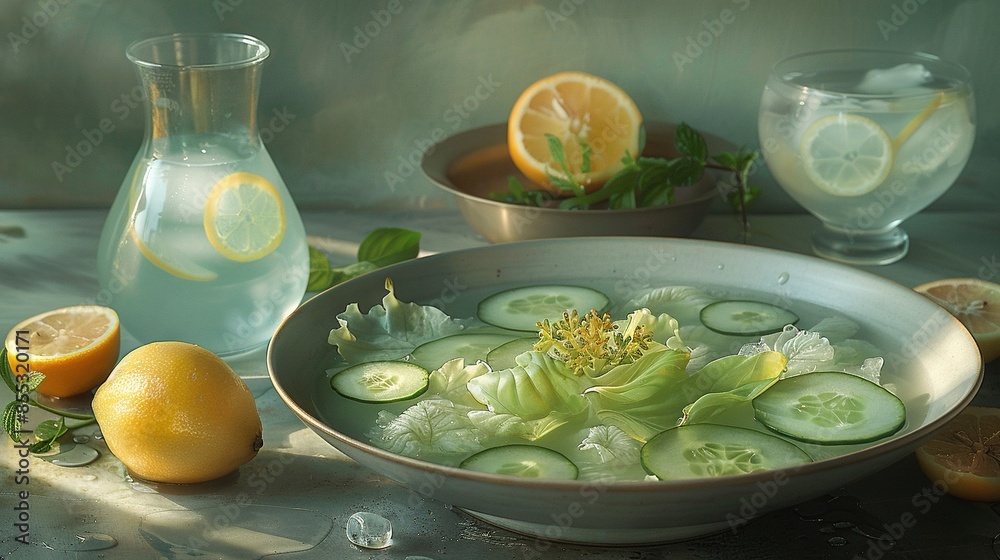A bowl with cucumbers and lemons sits beside a water pitcher and lemon bowl A bowl with cucumbers and lemons sits beside a water pitcher and lemon bowl