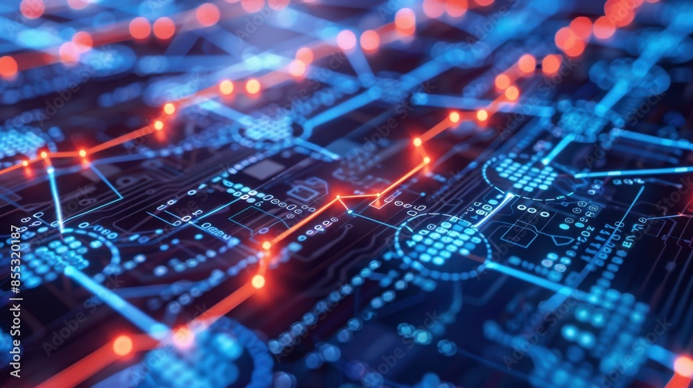 A close-up of a futuristic circuit board with glowing red and blue lines. The board is in focus, while the background is blurred, creating a sense of depth and dimension. A close-up of a futuristic circuit board with glowing red and blue lines. The board is in focus, while the background is blurred, creating a sense of depth and dimension.