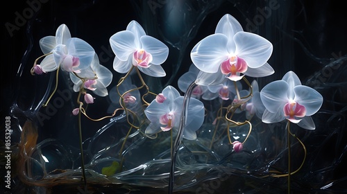 Elegant white orchids in a dark background. The orchids are delicate and beautiful, with intricate details. photo